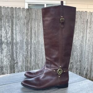Coach Mulan‎ Tall Riding Boots Women 7B Brown Leather Logo Harness Equestrian